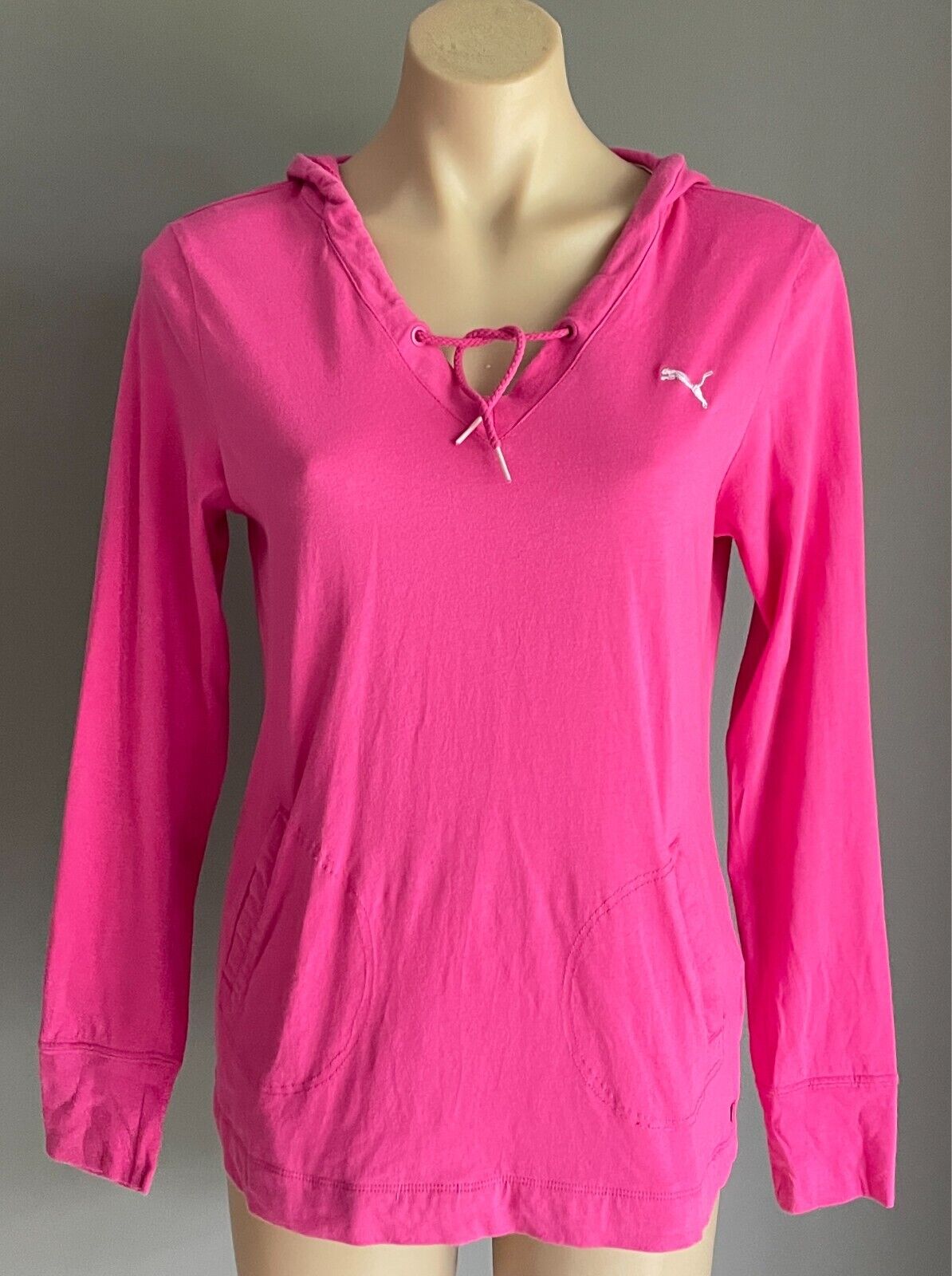 PUMA Pink Hoodie Top Long Sleeves Pullover Size 14 Lightweight Cotton Pockets