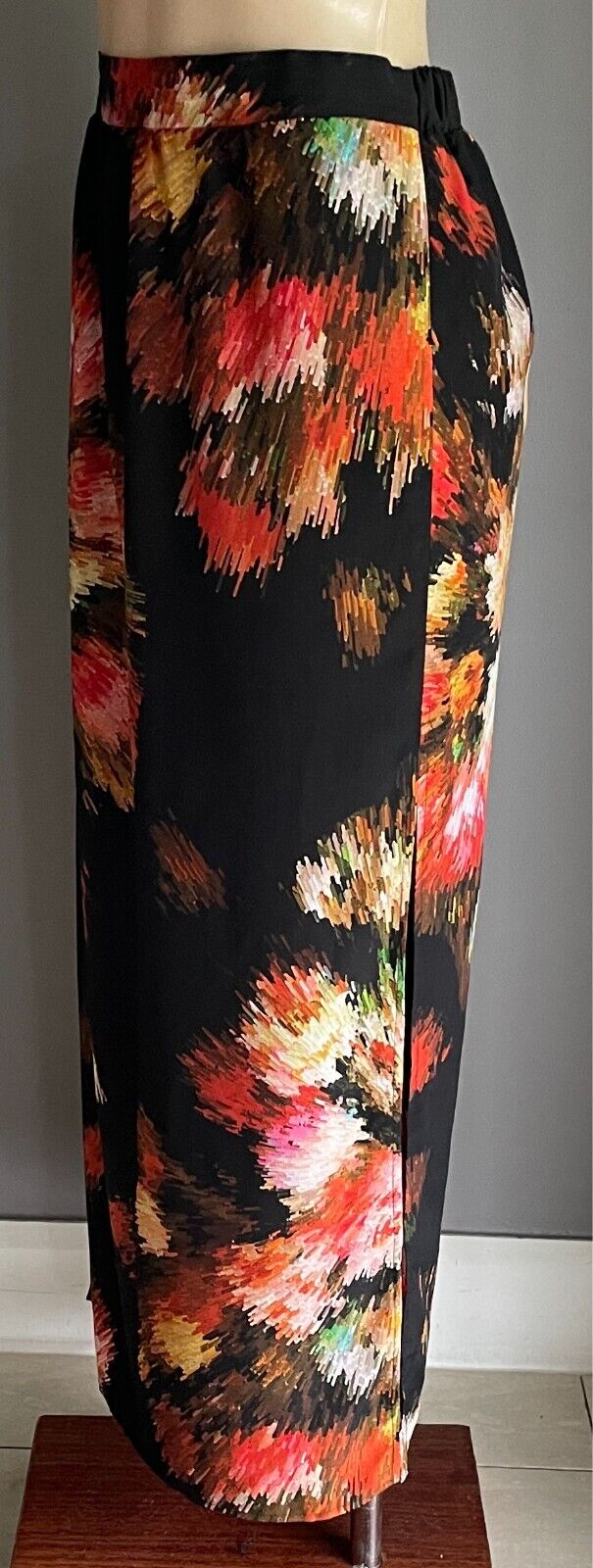 ASOS Maxi Skirt Multicolour Print Side Slits Sze 10 Pull On Elastic Waist @ Back