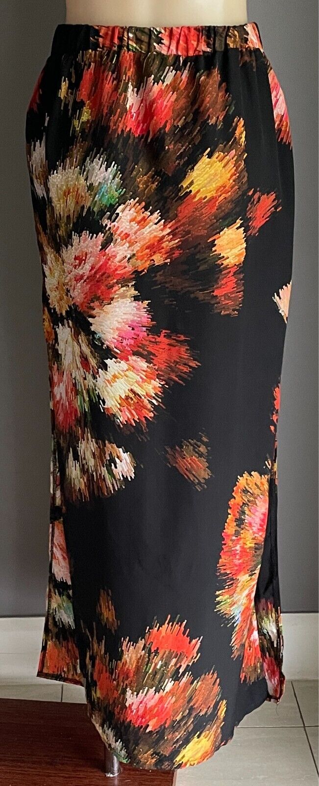 ASOS Maxi Skirt Multicolour Print Side Slits Sze 10 Pull On Elastic Waist @ Back