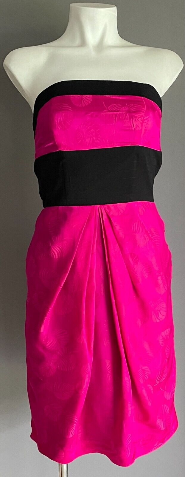 KUKU Strapless Dress Pink & Black Leaf Print Knee Length Size 8 Cut Out Back