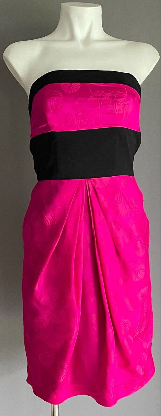 KUKU Strapless Dress Pink & Black Leaf Print Knee Length Size 8 Cut Out Back