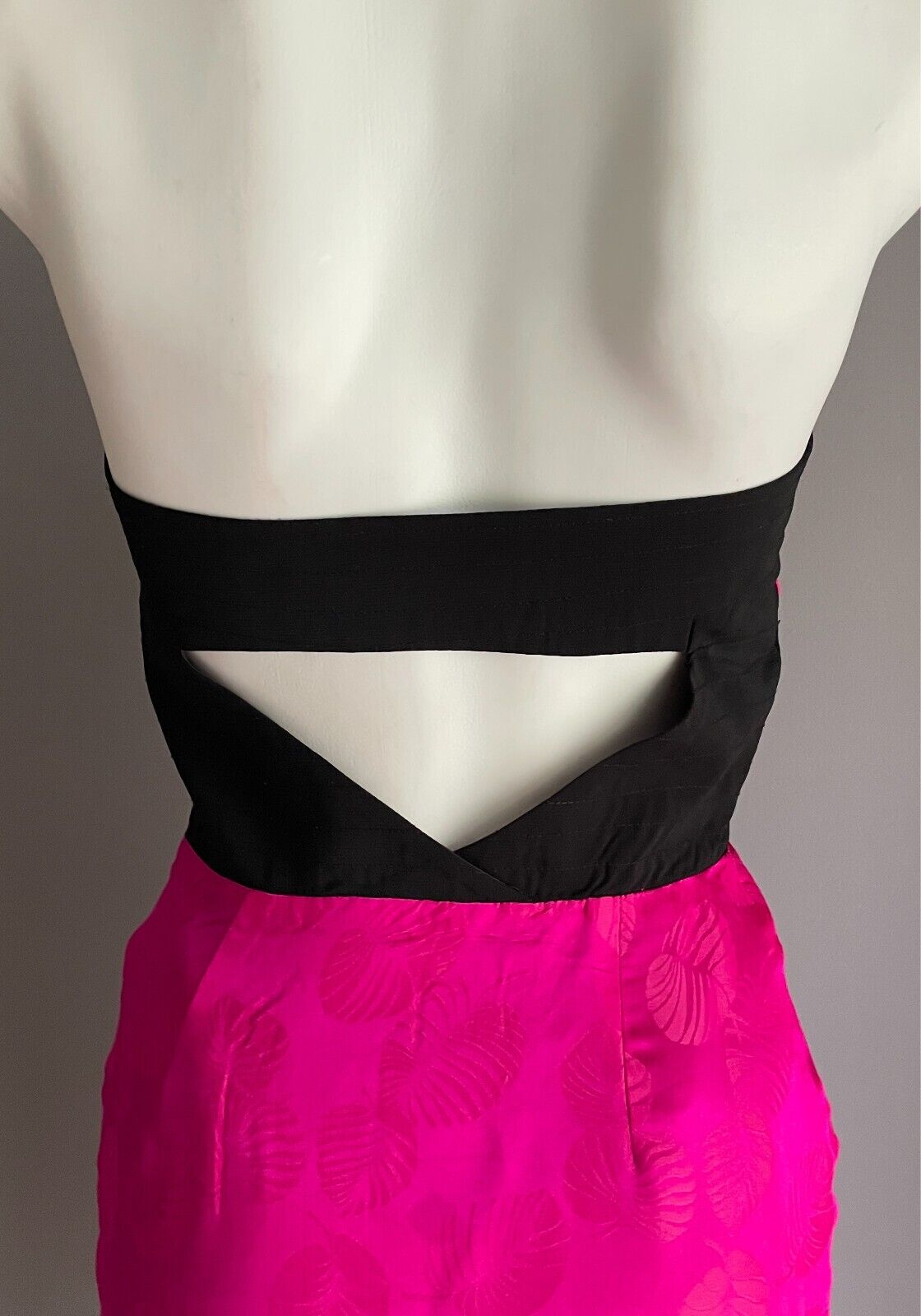 KUKU Strapless Dress Pink & Black Leaf Print Knee Length Size 8 Cut Out Back