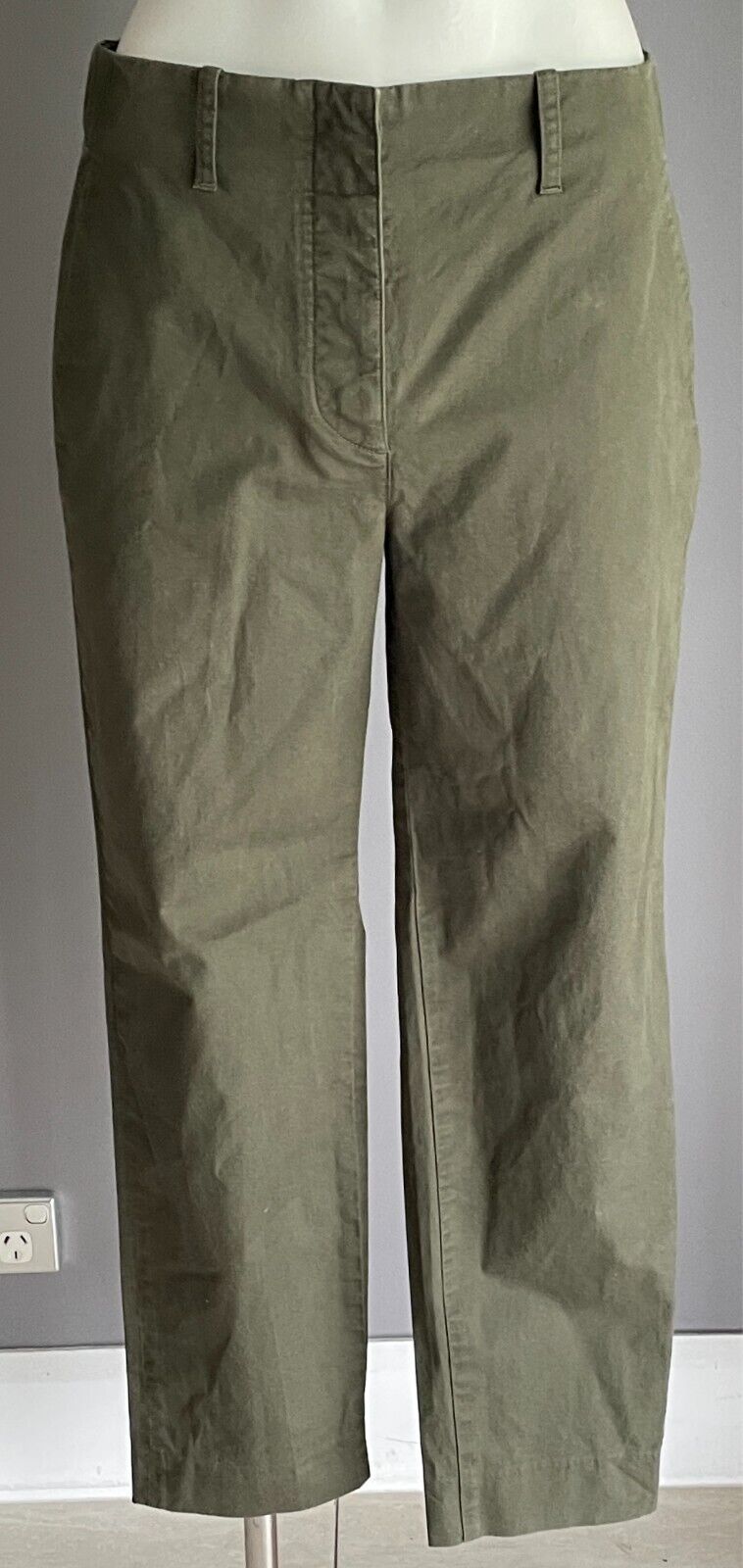 COS Khaki Crop Pants Skinny Leg Elastic Waist Pockets Button Fly Size EU 36 AU 8