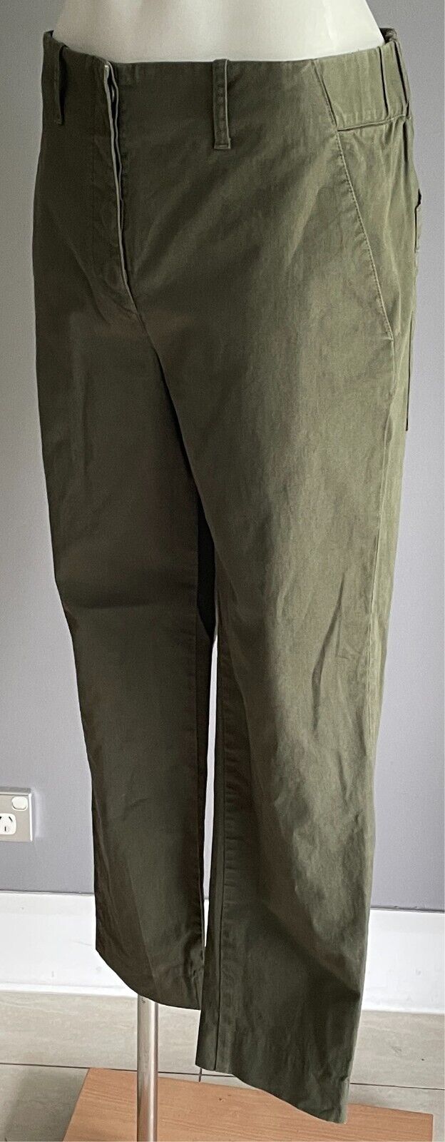 COS Khaki Crop Pants Skinny Leg Elastic Waist Pockets Button Fly Size EU 36 AU 8
