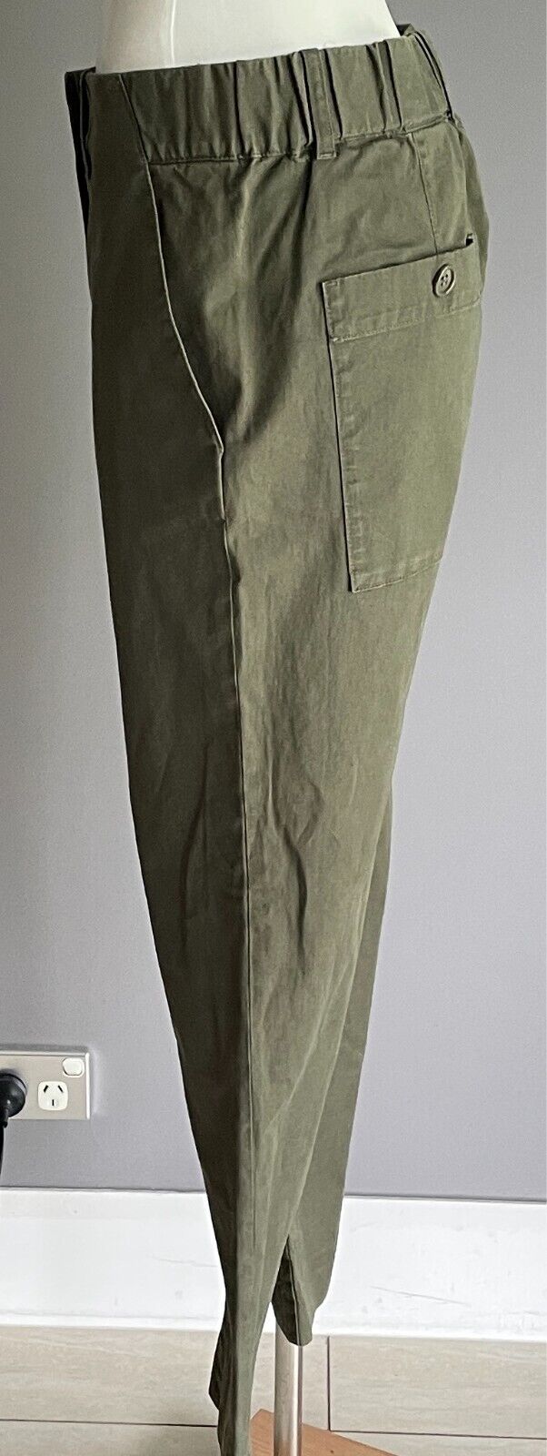COS Khaki Crop Pants Skinny Leg Elastic Waist Pockets Button Fly Size EU 36 AU 8
