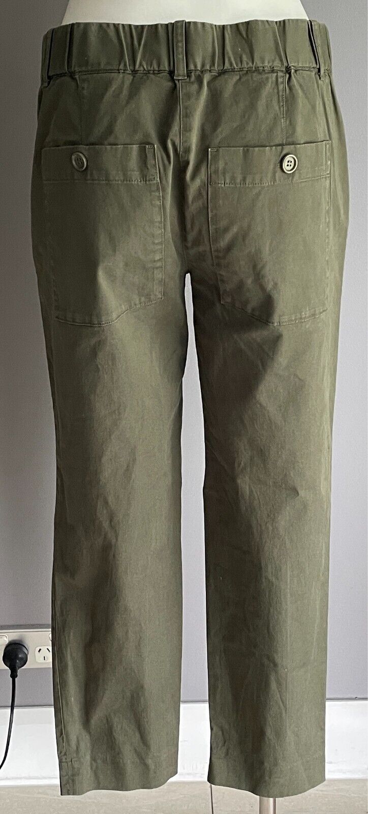 COS Khaki Crop Pants Skinny Leg Elastic Waist Pockets Button Fly Size EU 36 AU 8