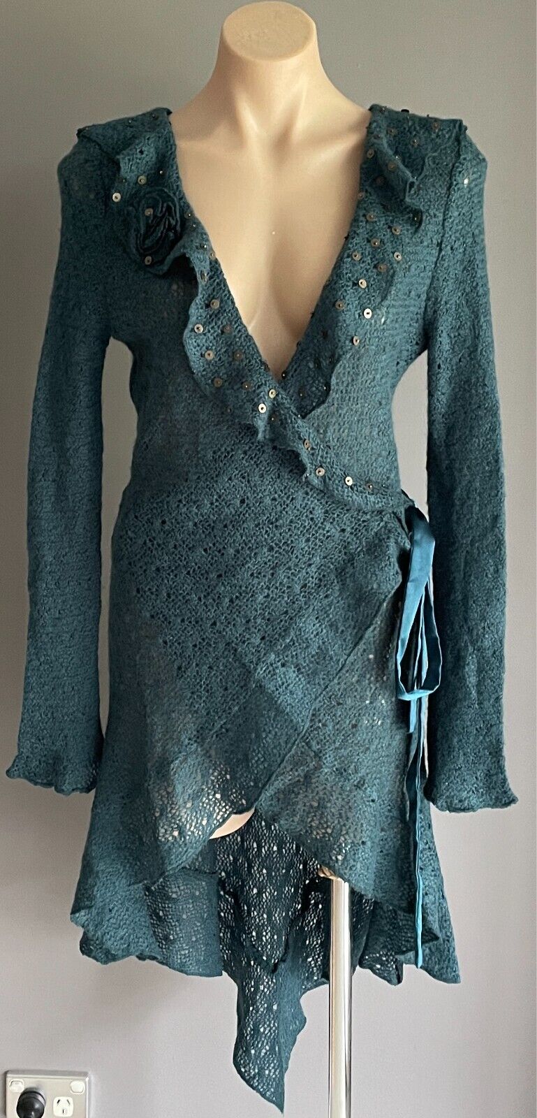MISS OLAYA Teal Green Wrap Knit Cardigan Size L Ruffle Neck Sequin Trim Ribbon