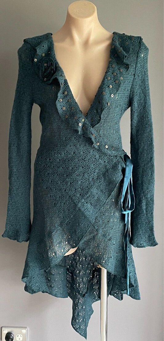 MISS OLAYA Teal Green Wrap Knit Cardigan Size L Ruffle Neck Sequin Trim Ribbon