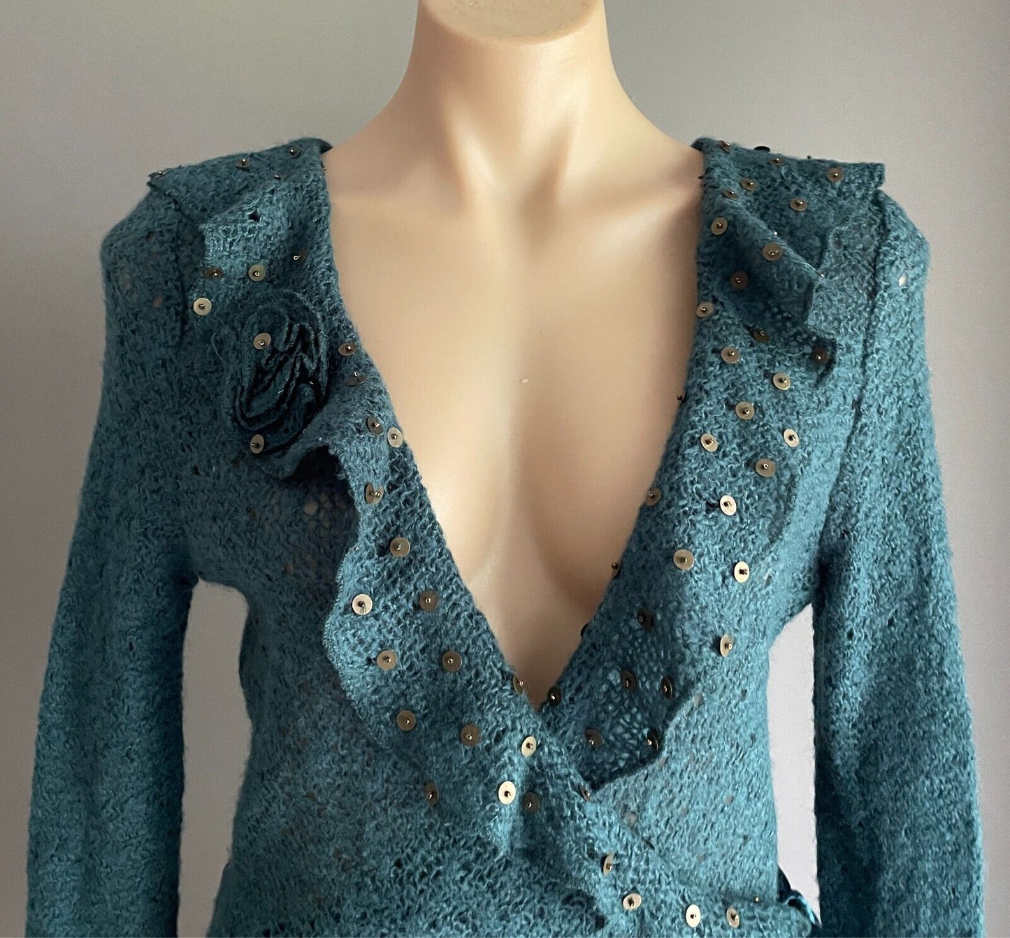 MISS OLAYA Teal Green Wrap Knit Cardigan Size L Ruffle Neck Sequin Trim Ribbon