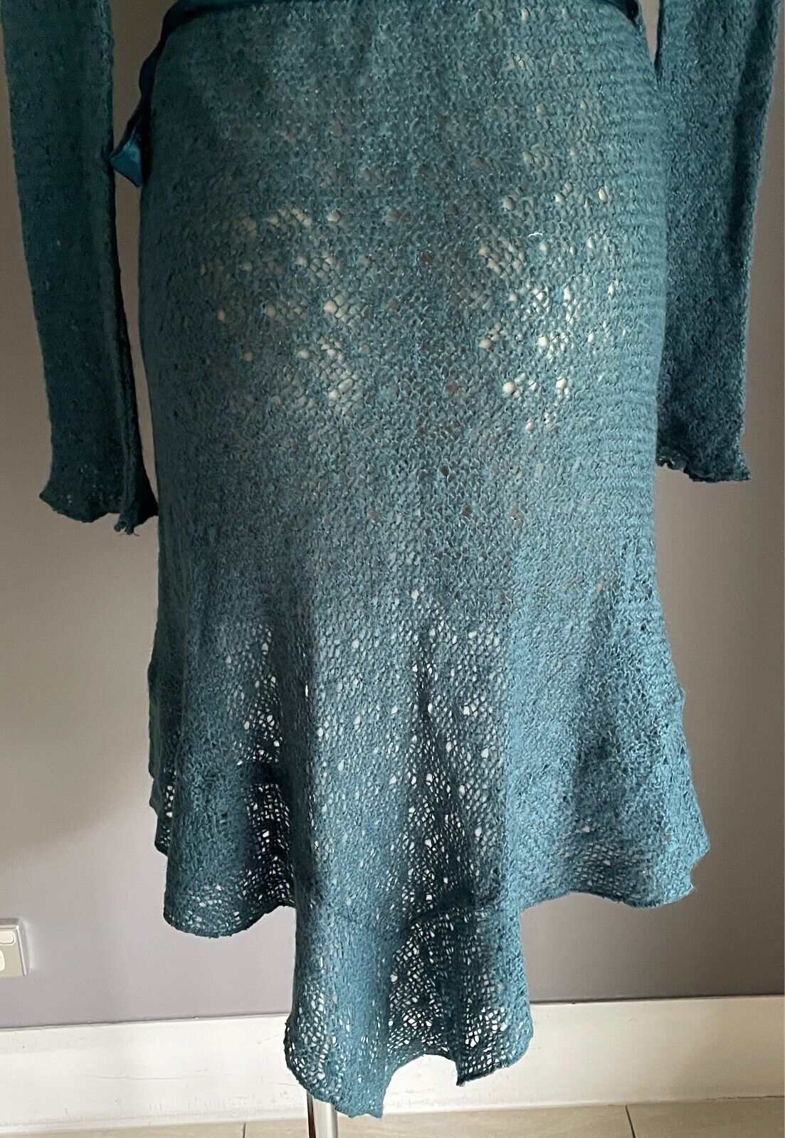 MISS OLAYA Teal Green Wrap Knit Cardigan Size L Ruffle Neck Sequin Trim Ribbon