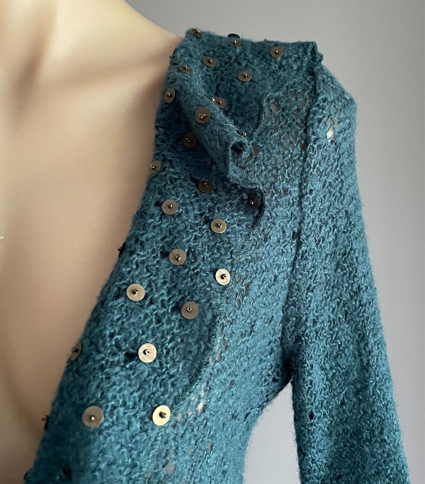 MISS OLAYA Teal Green Wrap Knit Cardigan Size L Ruffle Neck Sequin Trim Ribbon