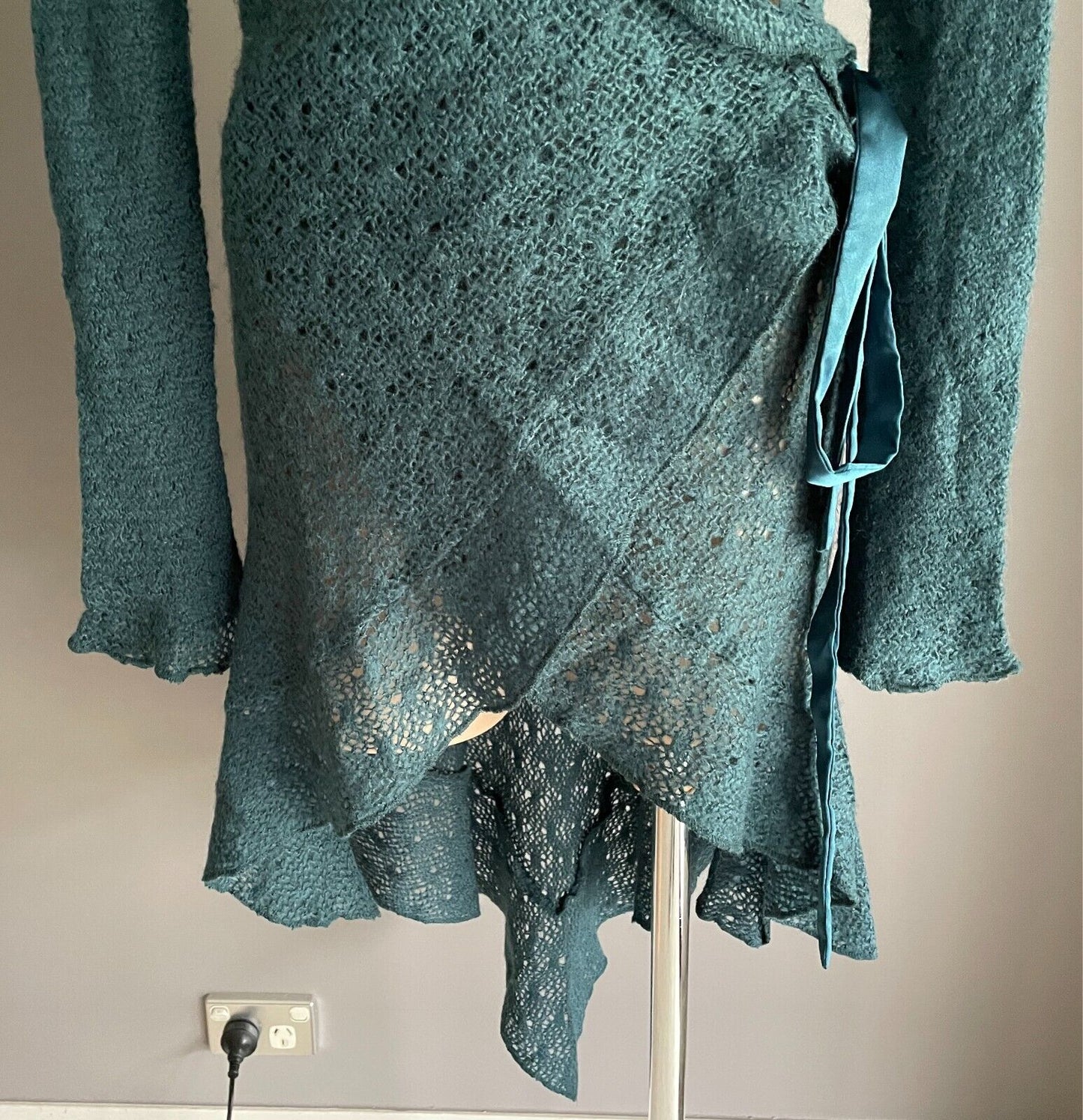 MISS OLAYA Teal Green Wrap Knit Cardigan Size L Ruffle Neck Sequin Trim Ribbon
