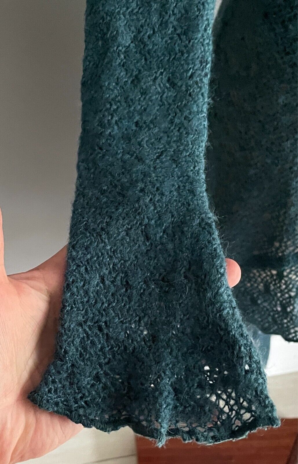 MISS OLAYA Teal Green Wrap Knit Cardigan Size L Ruffle Neck Sequin Trim Ribbon