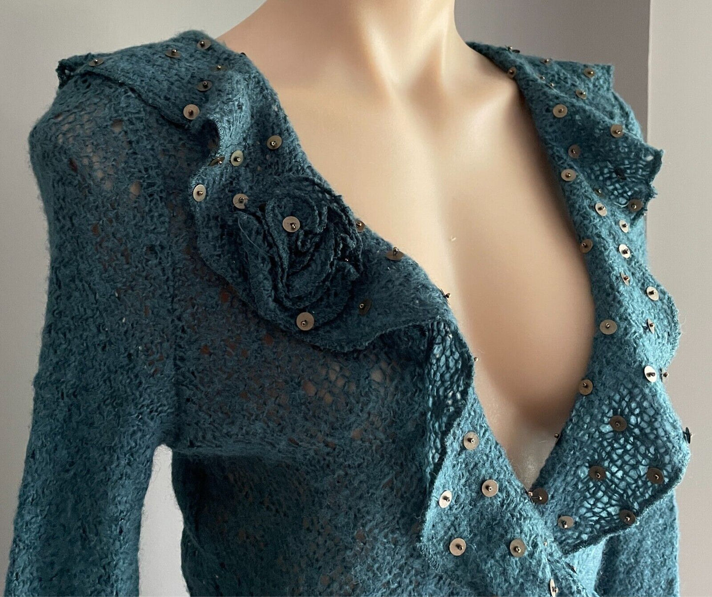 MISS OLAYA Teal Green Wrap Knit Cardigan Size L Ruffle Neck Sequin Trim Ribbon