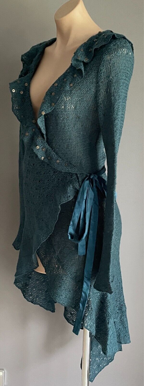MISS OLAYA Teal Green Wrap Knit Cardigan Size L Ruffle Neck Sequin Trim Ribbon