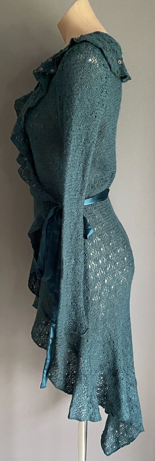 MISS OLAYA Teal Green Wrap Knit Cardigan Size L Ruffle Neck Sequin Trim Ribbon