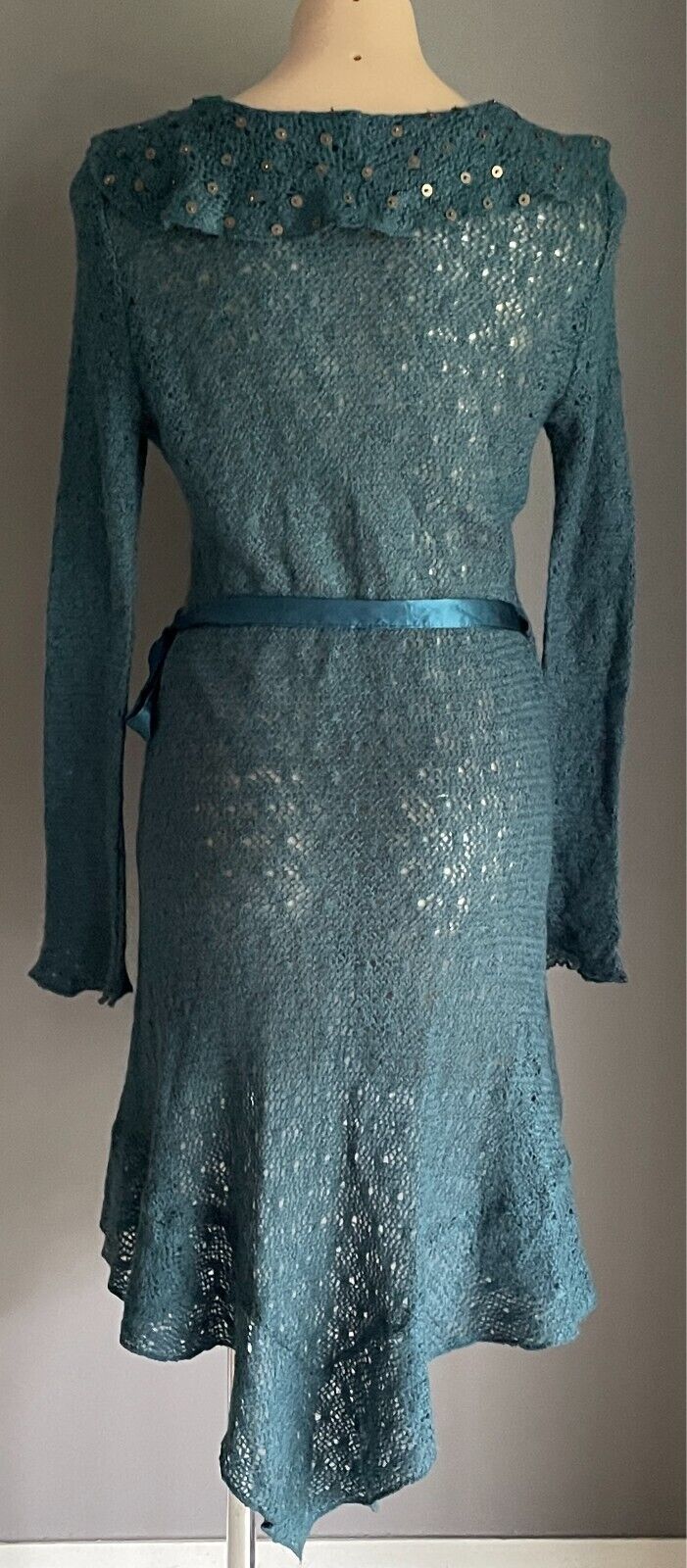 MISS OLAYA Teal Green Wrap Knit Cardigan Size L Ruffle Neck Sequin Trim Ribbon