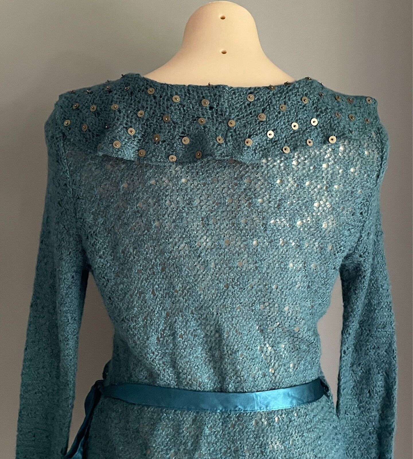 MISS OLAYA Teal Green Wrap Knit Cardigan Size L Ruffle Neck Sequin Trim Ribbon