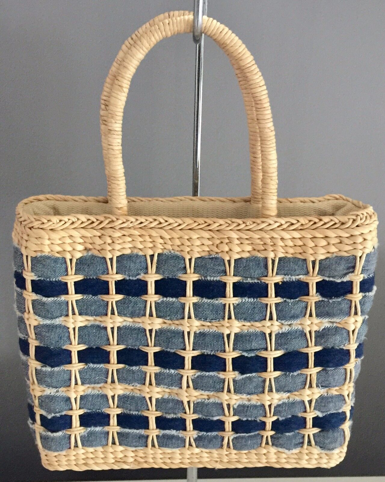 Retro JENDI Beige & Blue Denim Tote Shopper Beach Bag Stand Up Corn Husk Retro