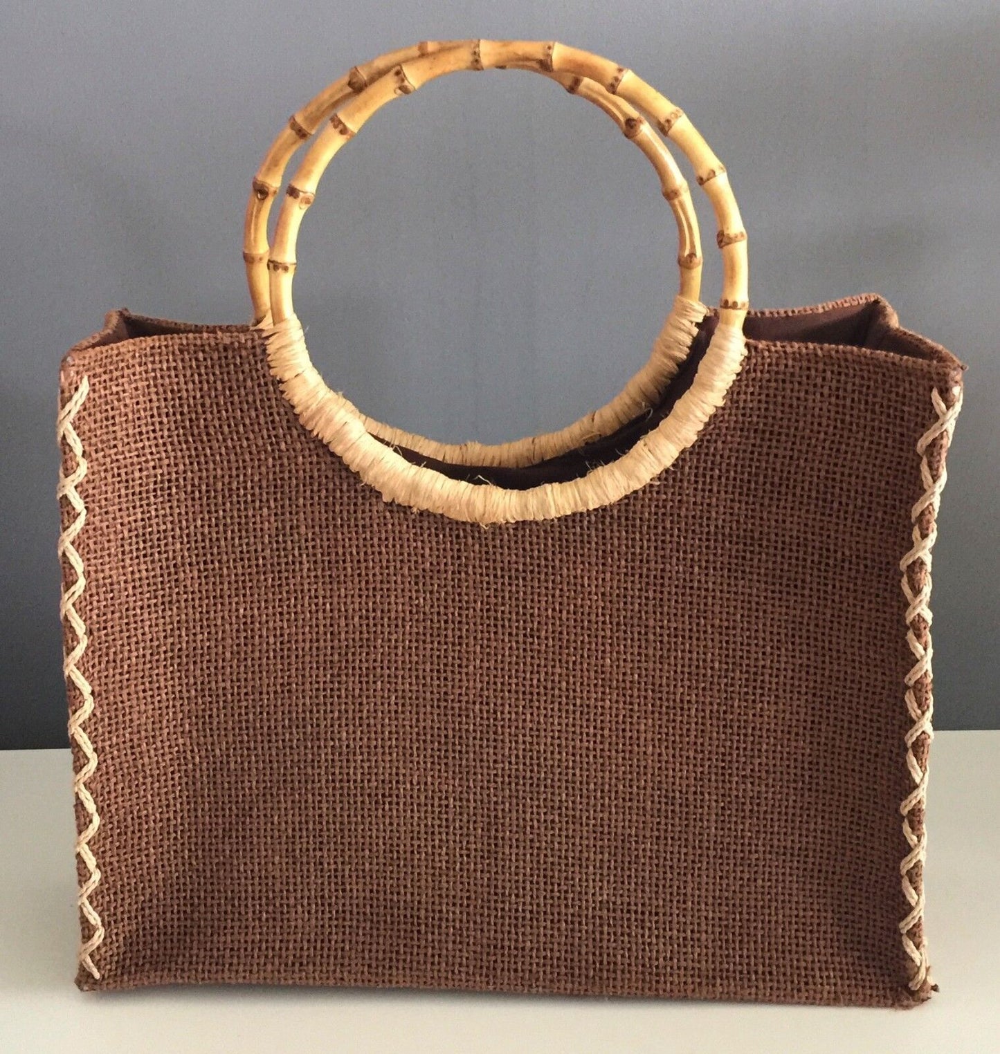 JENDI Bag Tote Shopper Brown & Beige  Stand Up Handbag Bamboo Round Handle Retro