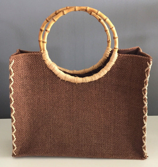 JENDI Bag Tote Shopper Brown & Beige  Stand Up Handbag Bamboo Round Handle Retro