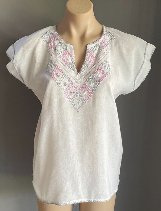 Hand Embroidered Top White Blouse Extended Sleeves Size 12 Pink and Grey Trim