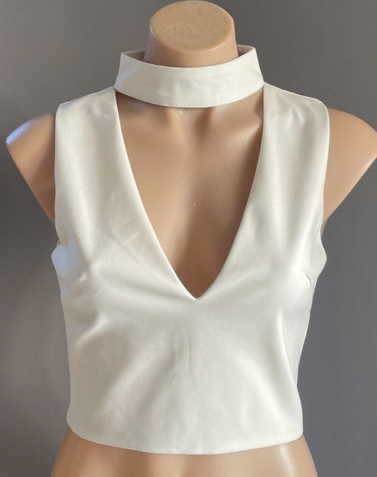 MYTH CONCEPTION Off White Choker Neck Crop Top Size M 10 Deep V Neck NEW