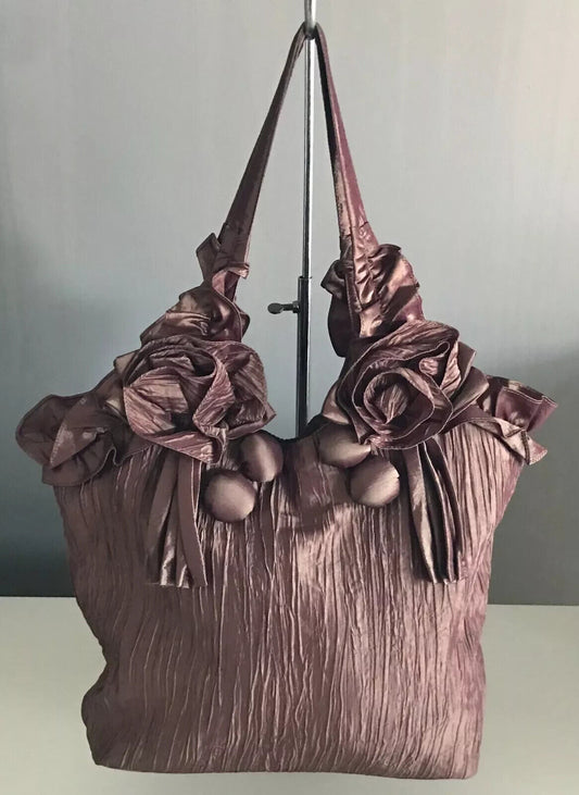 IVYS Handbag Brown Wrinkle Look Fabric Shoulder Tote Bag w Floral & Ruffle Trim