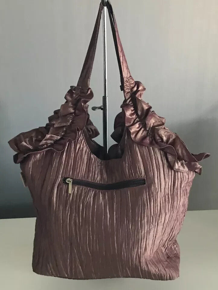 IVYS Handbag Brown Wrinkle Look Fabric Shoulder Tote Bag w Floral & Ruffle Trim