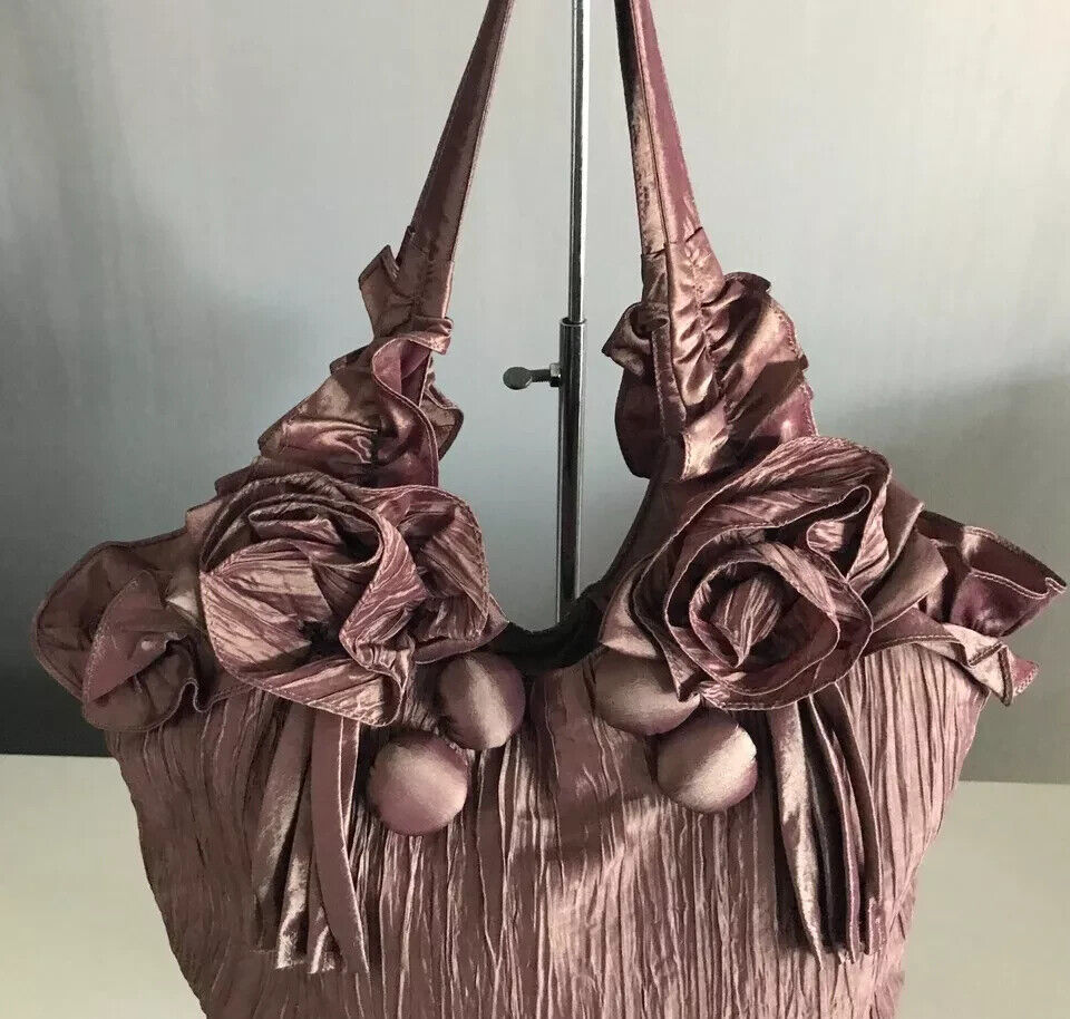IVYS Handbag Brown Wrinkle Look Fabric Shoulder Tote Bag w Floral & Ruffle Trim
