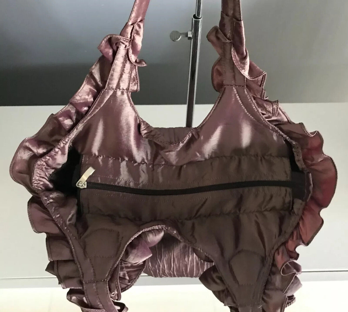 IVYS Handbag Brown Wrinkle Look Fabric Shoulder Tote Bag w Floral & Ruffle Trim