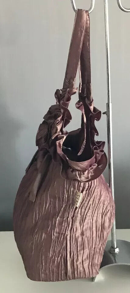 IVYS Handbag Brown Wrinkle Look Fabric Shoulder Tote Bag w Floral & Ruffle Trim