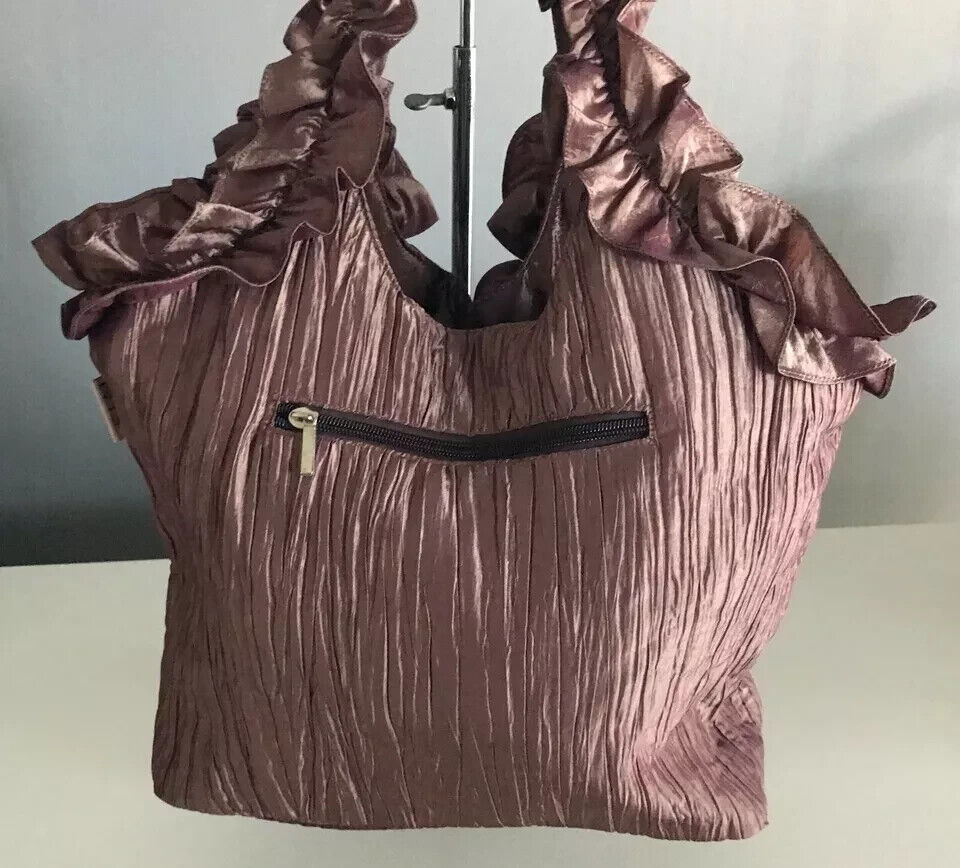 IVYS Handbag Brown Wrinkle Look Fabric Shoulder Tote Bag w Floral & Ruffle Trim