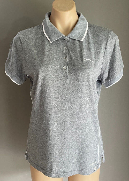SLAZENGER Polo Shirt Grey Marl White Pipe Trim Ladies Size 12 S/Sleeve Logo