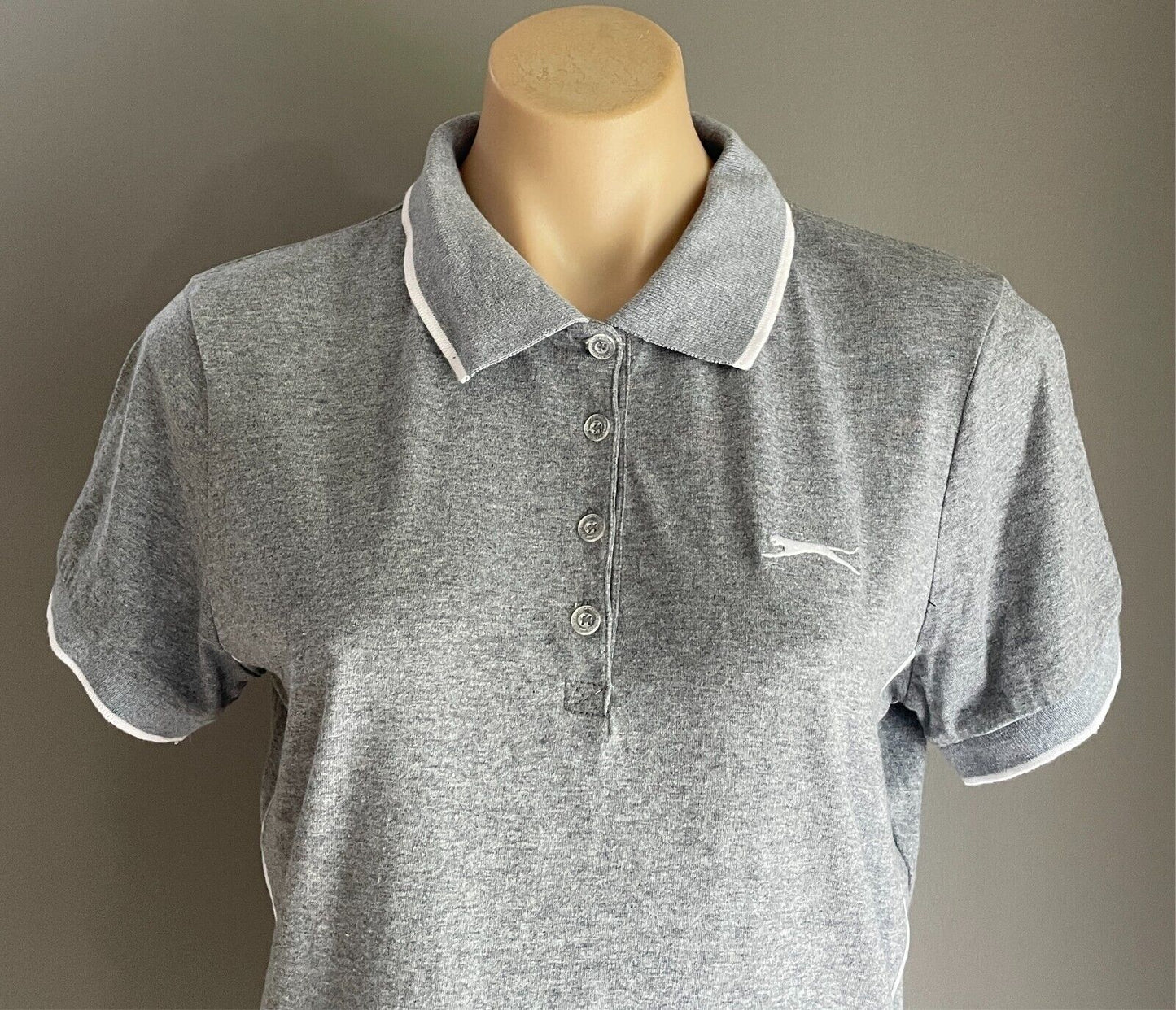 SLAZENGER Polo Shirt Grey Marl White Pipe Trim Ladies Size 12 S/Sleeve Logo