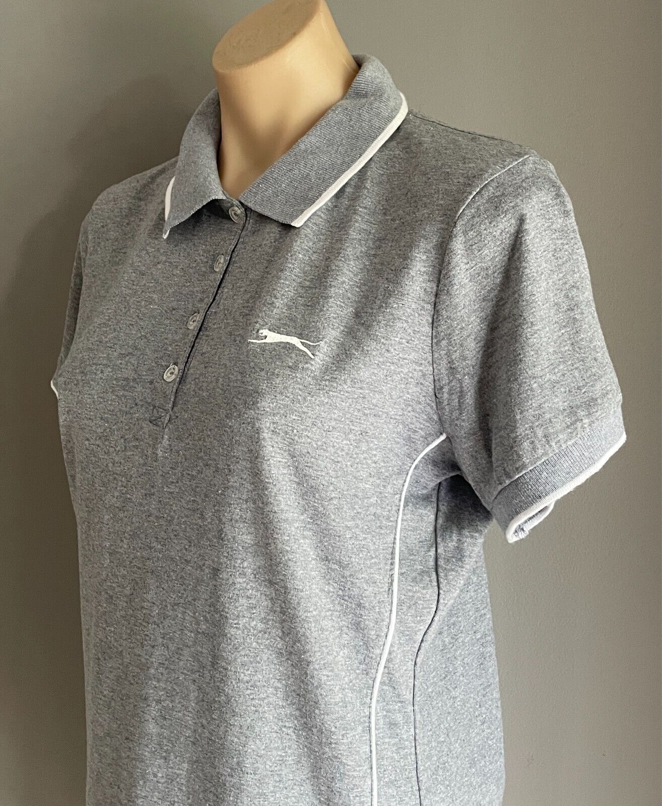 SLAZENGER Polo Shirt Grey Marl White Pipe Trim Ladies Size 12 S/Sleeve Logo