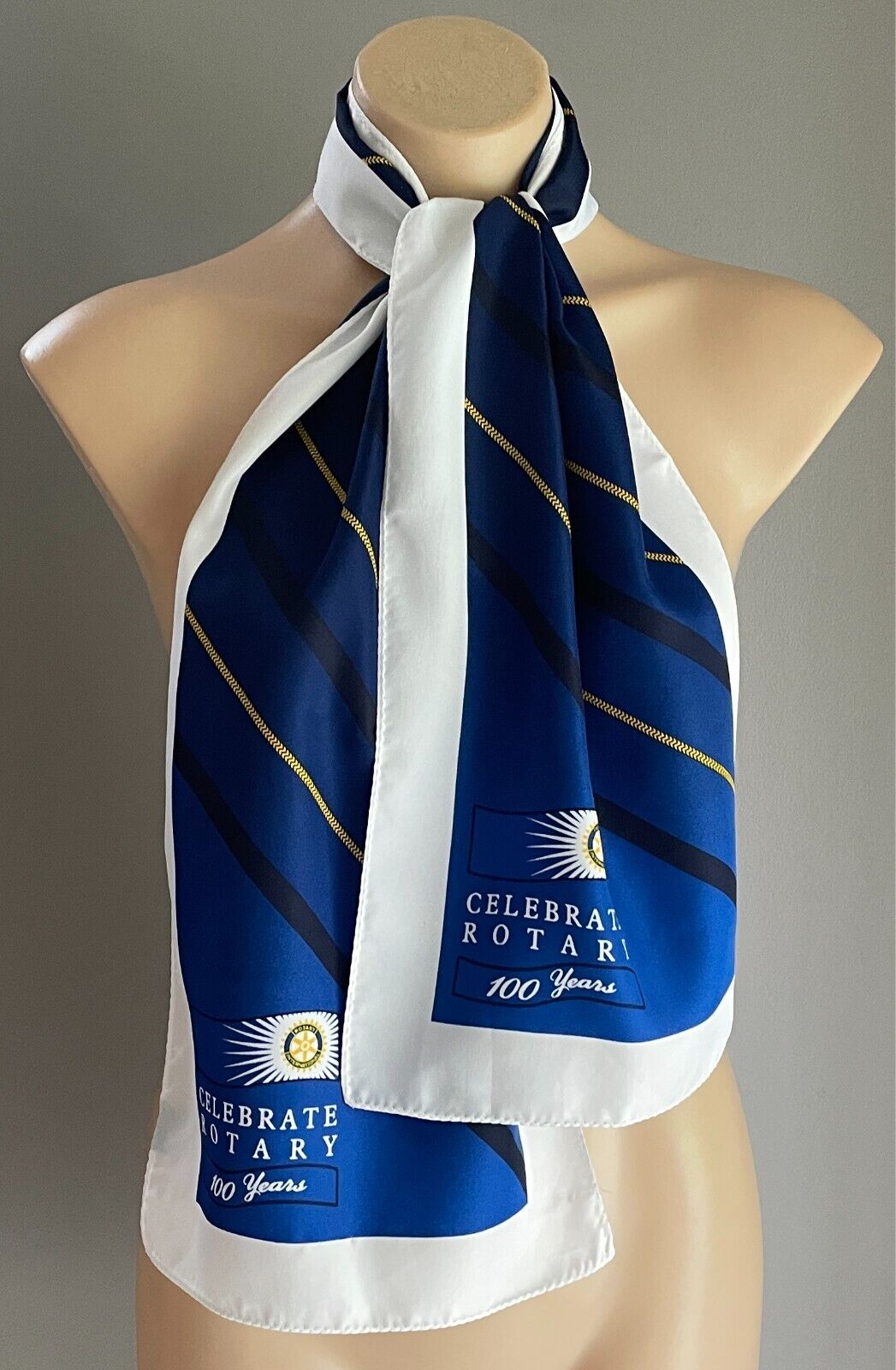 Scarf "Celebrating 100 Years of Rotary" White Blue Black Gold Print Rectangle