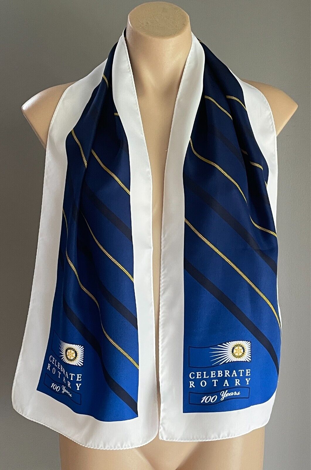 Scarf "Celebrating 100 Years of Rotary" White Blue Black Gold Print Rectangle