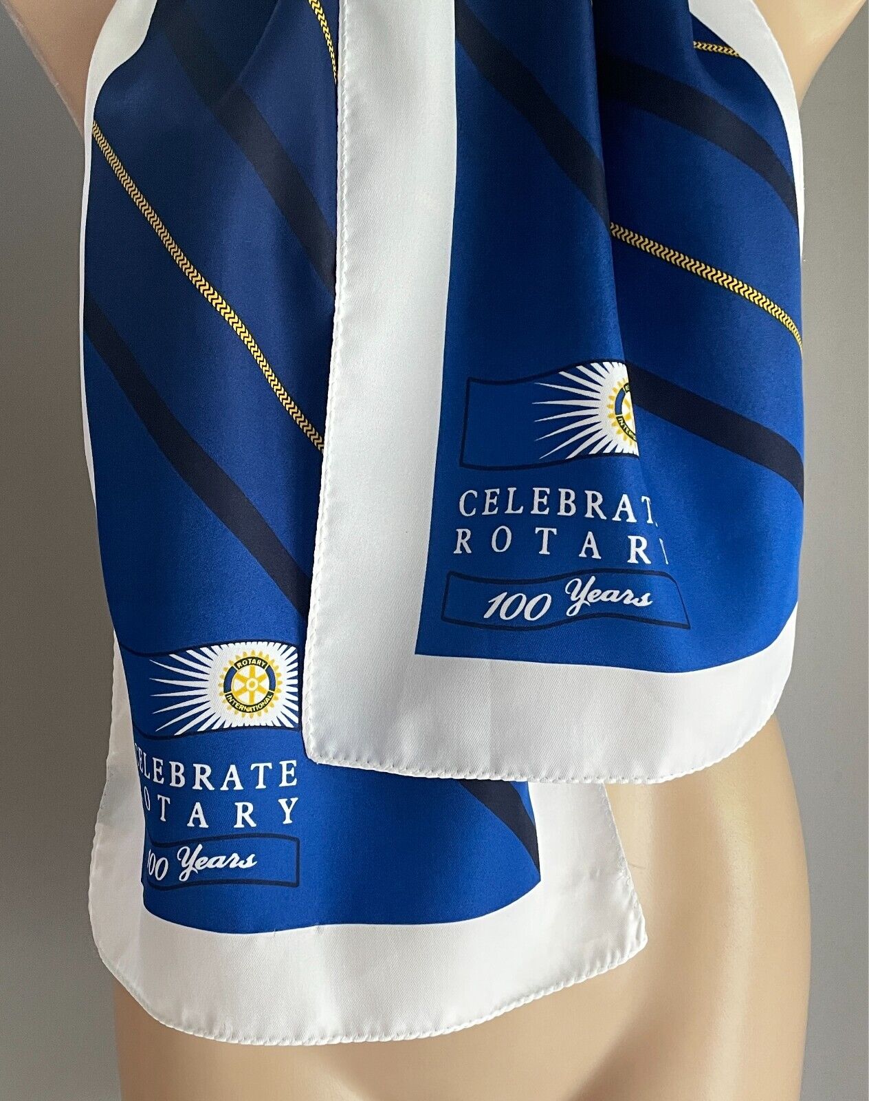 Scarf "Celebrating 100 Years of Rotary" White Blue Black Gold Print Rectangle