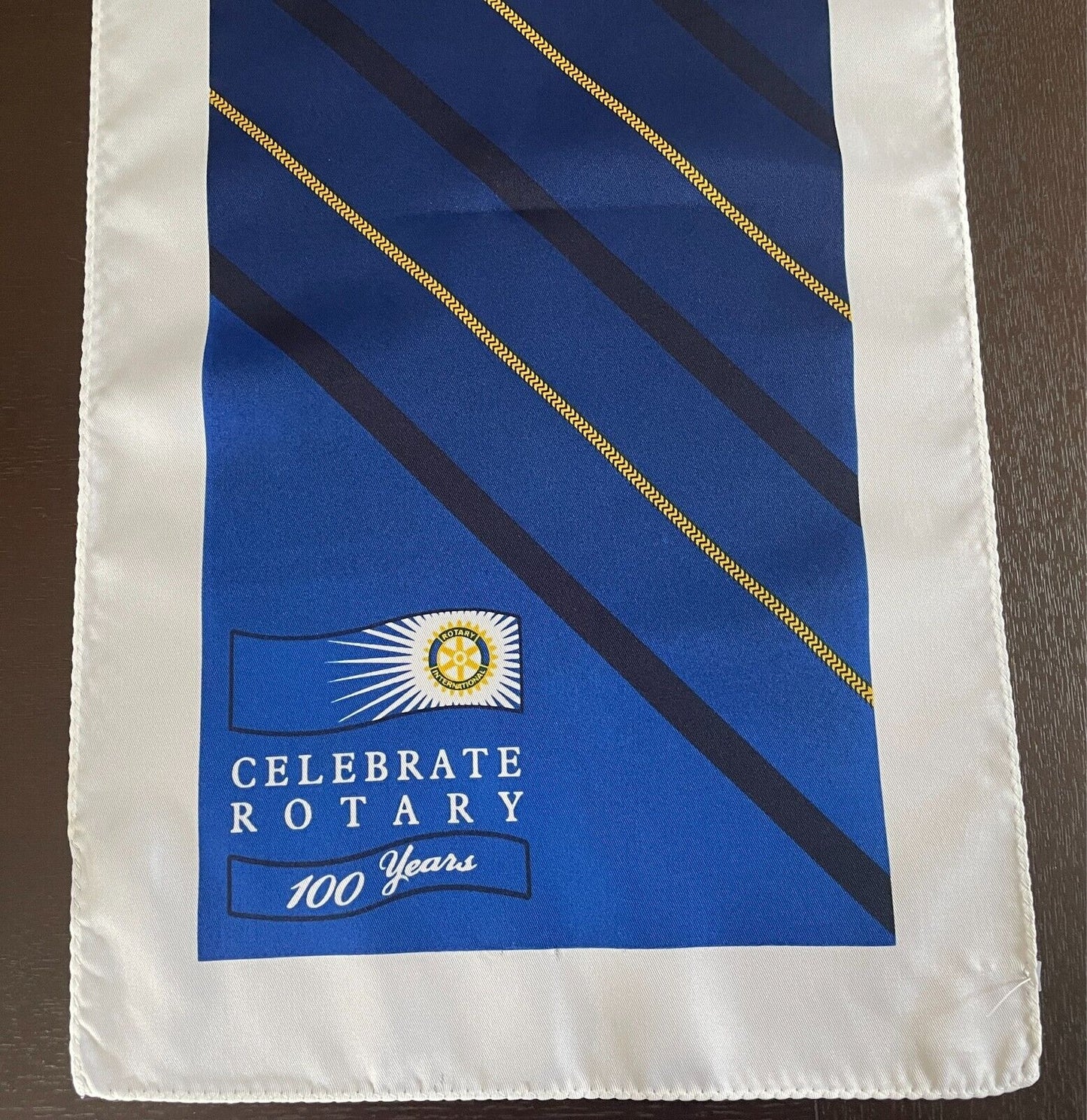 Scarf "Celebrating 100 Years of Rotary" White Blue Black Gold Print Rectangle