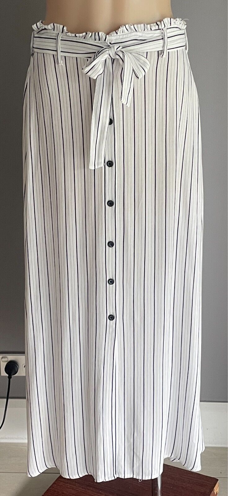 PRIMARK Skirt Navy & White Stripe Maxi Size 12 Button Front Elastic Tie Waist