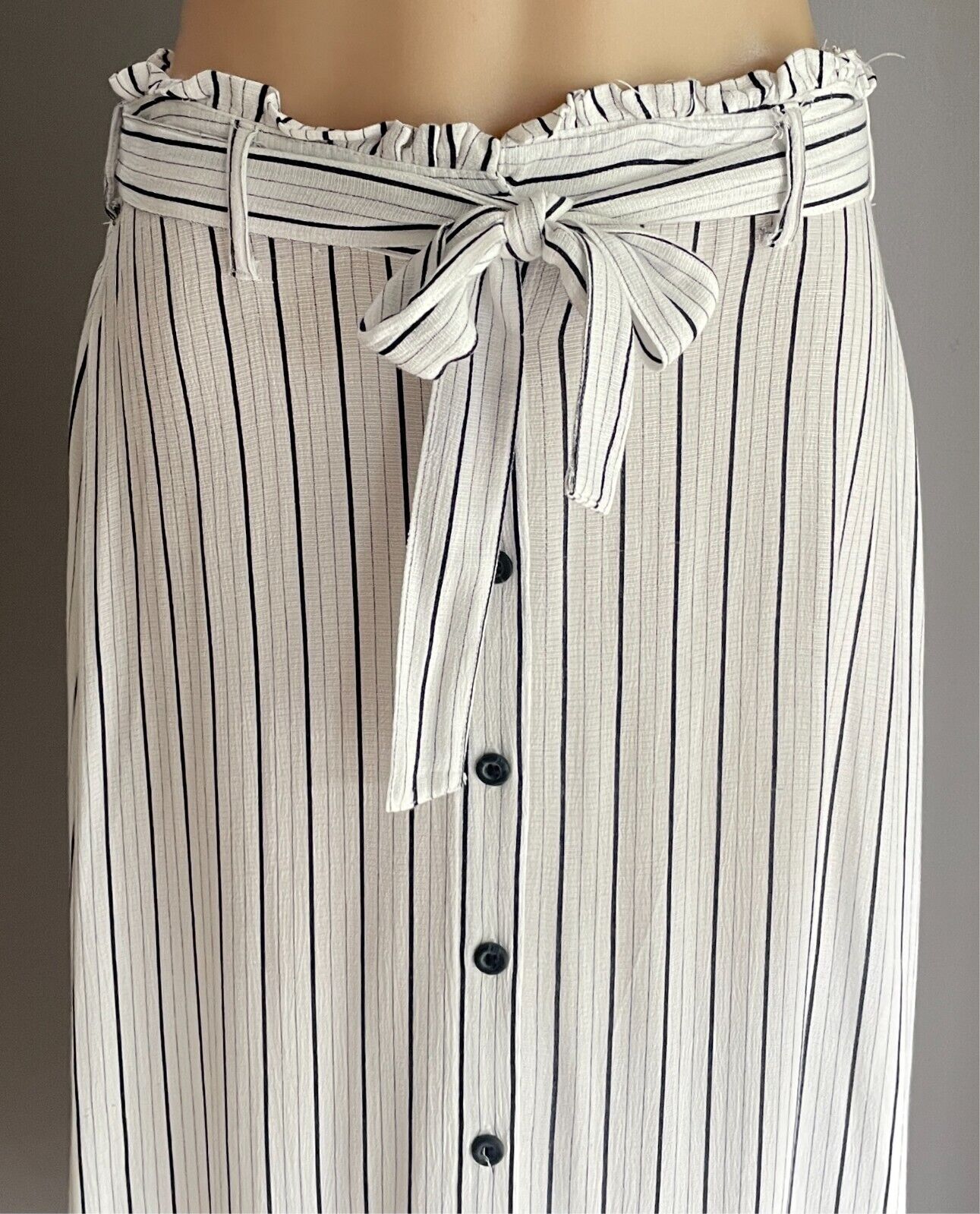 PRIMARK Skirt Navy & White Stripe Maxi Size 12 Button Front Elastic Tie Waist