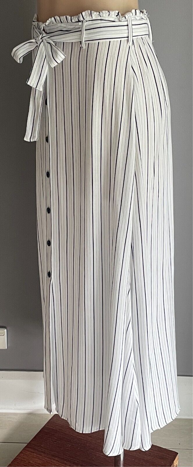 PRIMARK Skirt Navy & White Stripe Maxi Size 12 Button Front Elastic Tie Waist