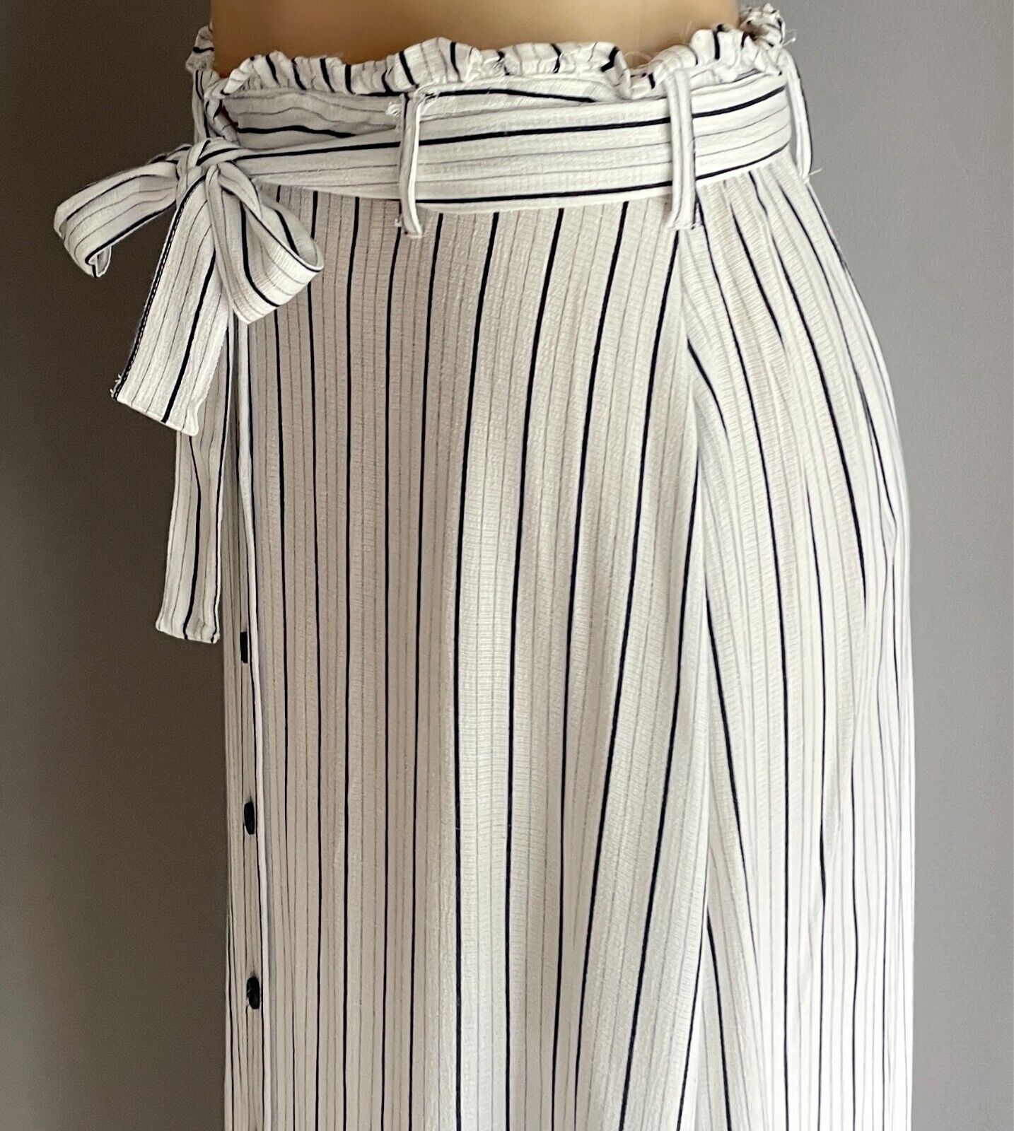PRIMARK Skirt Navy & White Stripe Maxi Size 12 Button Front Elastic Tie Waist