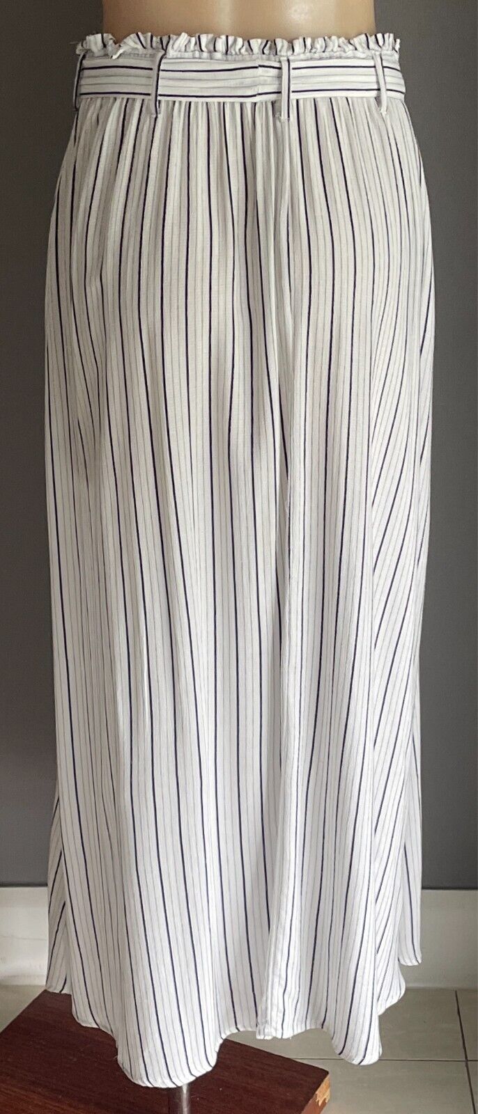 PRIMARK Skirt Navy & White Stripe Maxi Size 12 Button Front Elastic Tie Waist