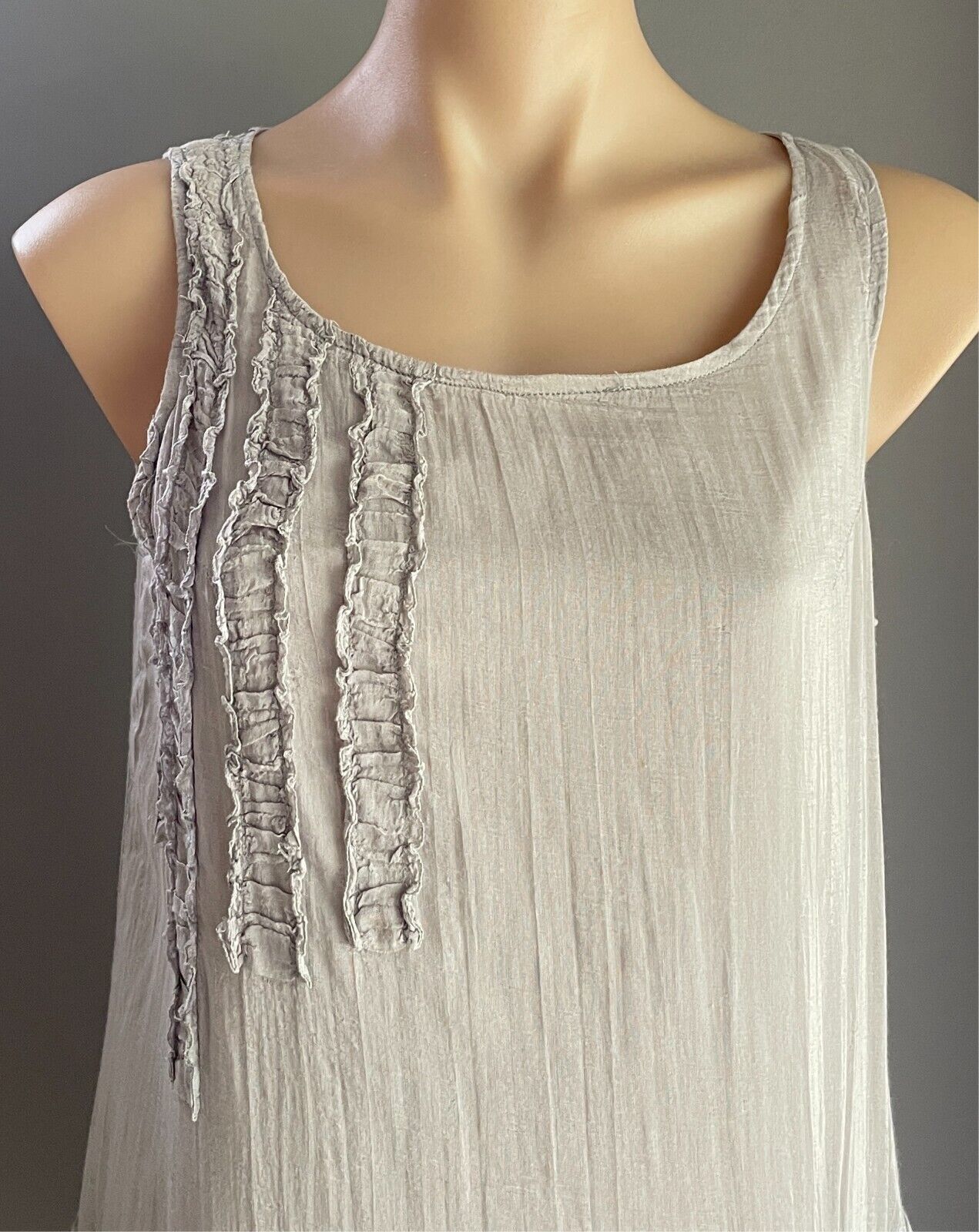 CARMEL'S DESIGNS Taupe Shift Dress Size 10 Sleeveless Pockets Cotton/Silk Lined