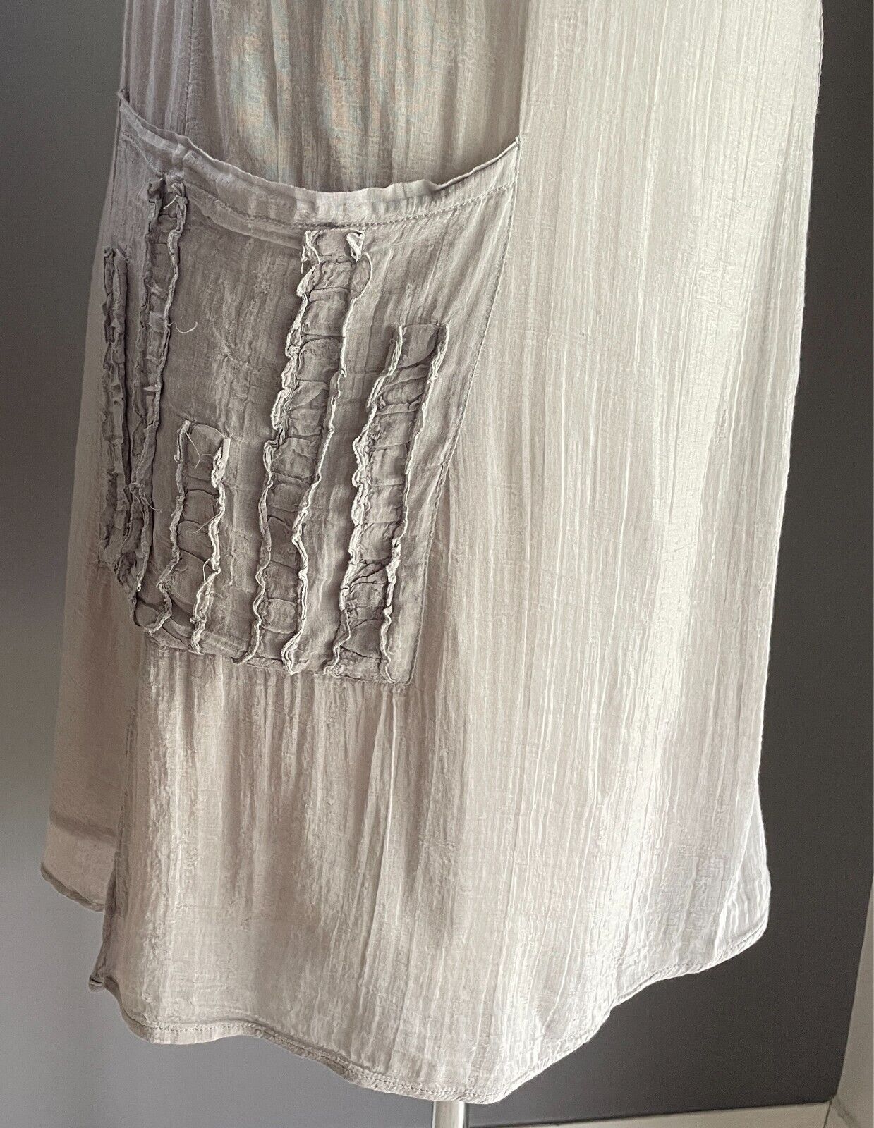 CARMEL'S DESIGNS Taupe Shift Dress Size 10 Sleeveless Pockets Cotton/Silk Lined
