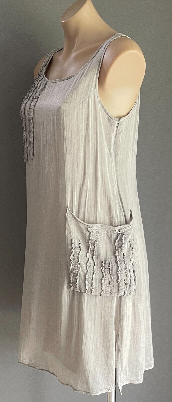 CARMEL'S DESIGNS Taupe Shift Dress Size 10 Sleeveless Pockets Cotton/Silk Lined