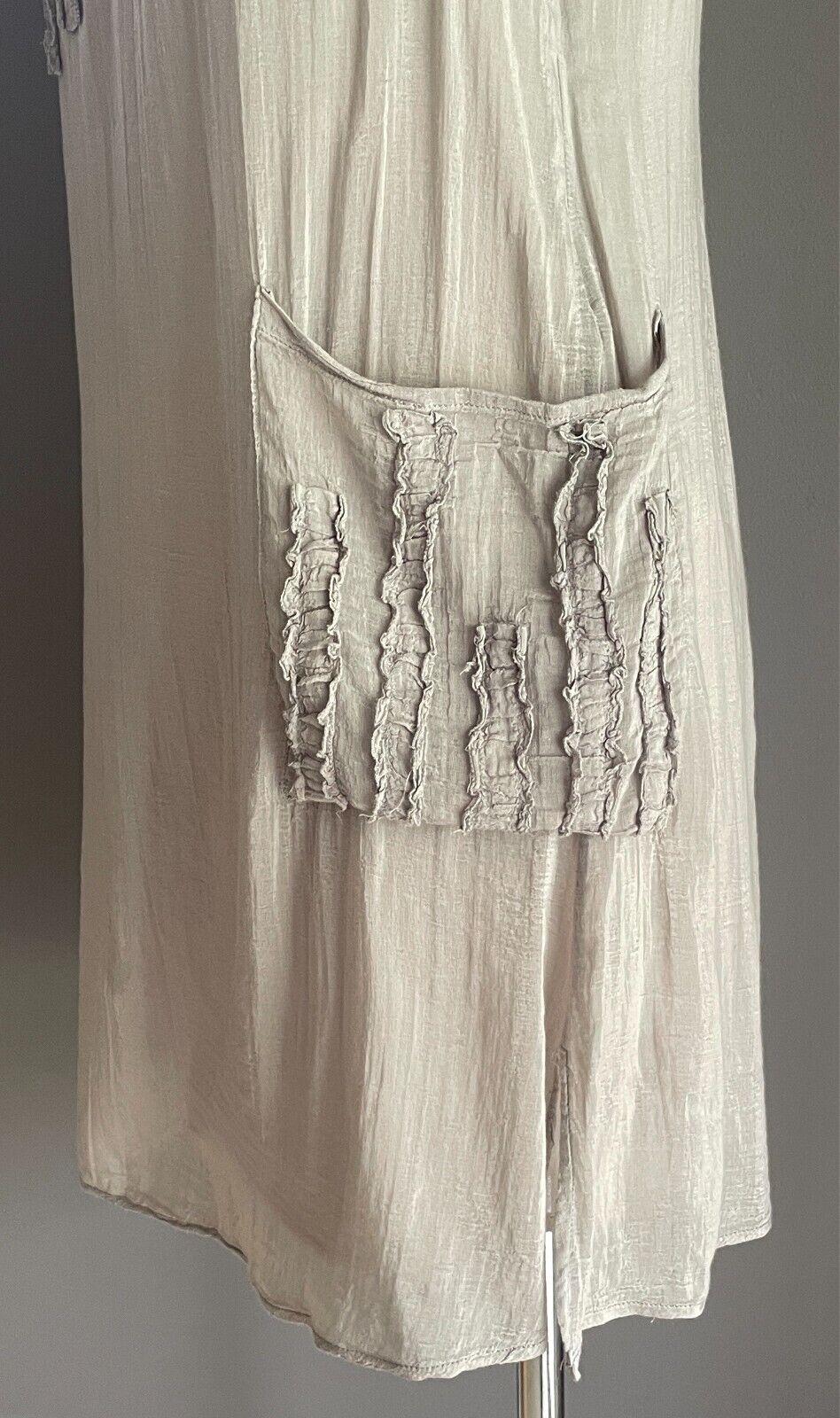 CARMEL'S DESIGNS Taupe Shift Dress Size 10 Sleeveless Pockets Cotton/Silk Lined