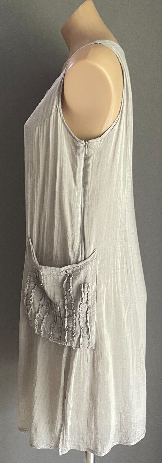 CARMEL'S DESIGNS Taupe Shift Dress Size 10 Sleeveless Pockets Cotton/Silk Lined